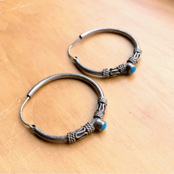 Vintage Large Turquoise Sterling Silver 925 Bali Style Inlay Hoop Post Earrings - Picture 13 of 16